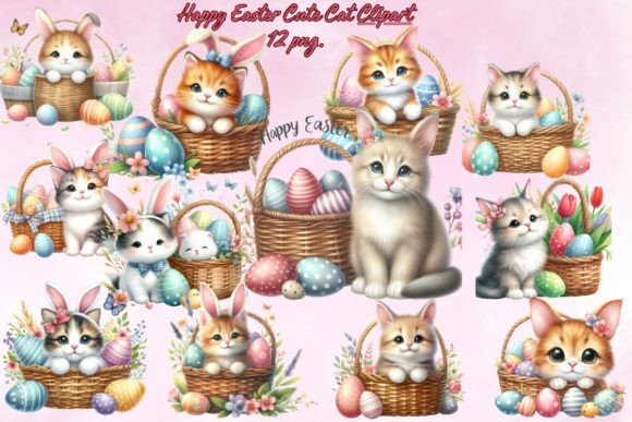 Download Happy Easter Cute Cat Bunny Clipart - Happy easter Collection