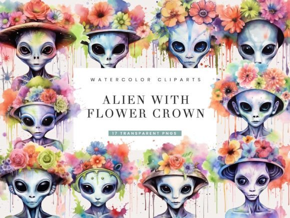 Download Watercolor Flower Crown Alien Clipart - Alien clipart Collection