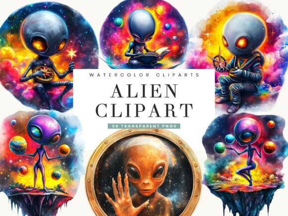 Download Watercolor Alien Clipart Bundle - Alien clipart Collection