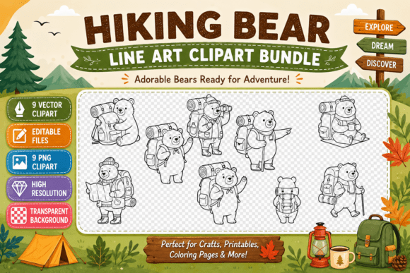 Download Hiking Bear Line Art Clipart Bundle - Bear line art Collection